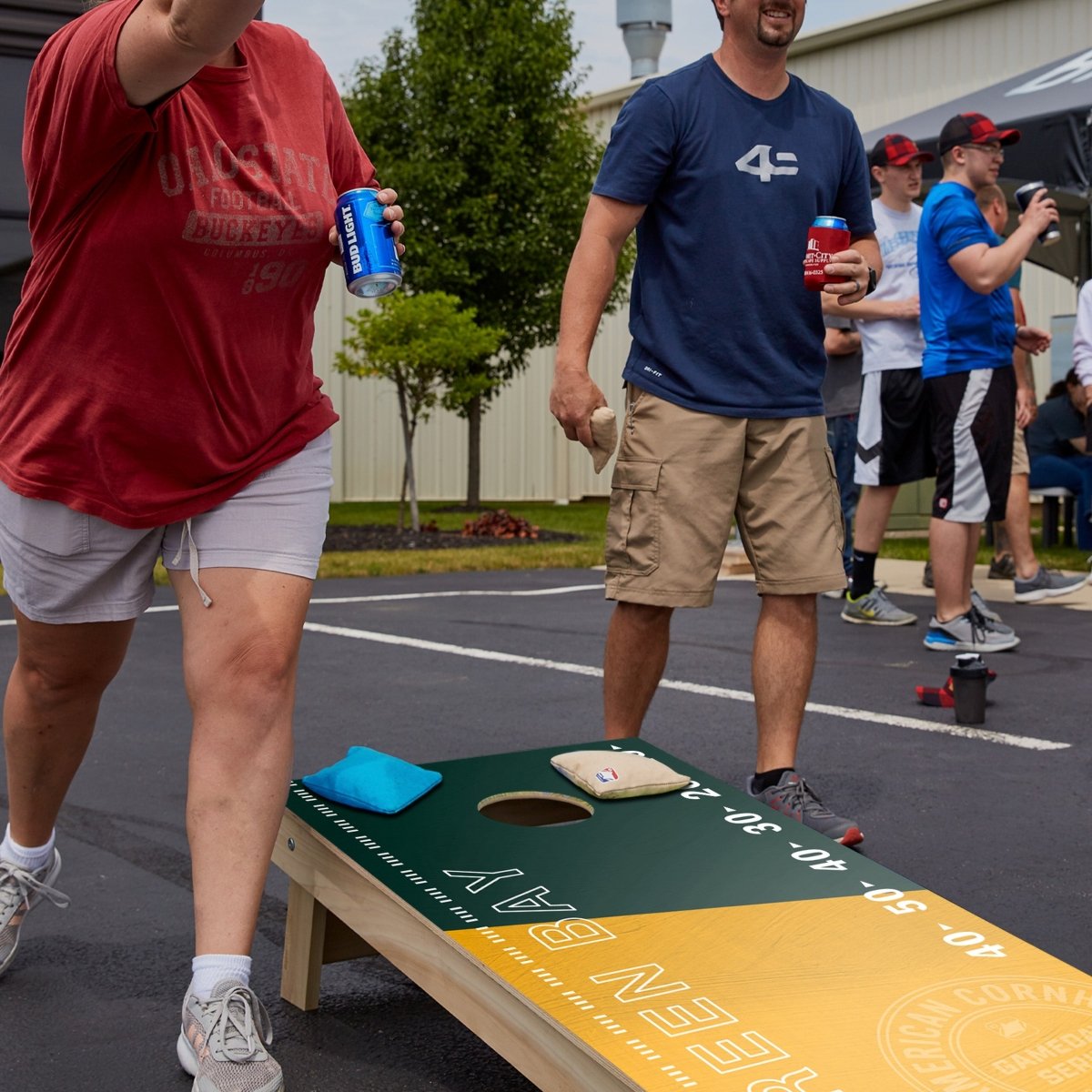 Premium wooden cornhole board with game day stadium graphics.