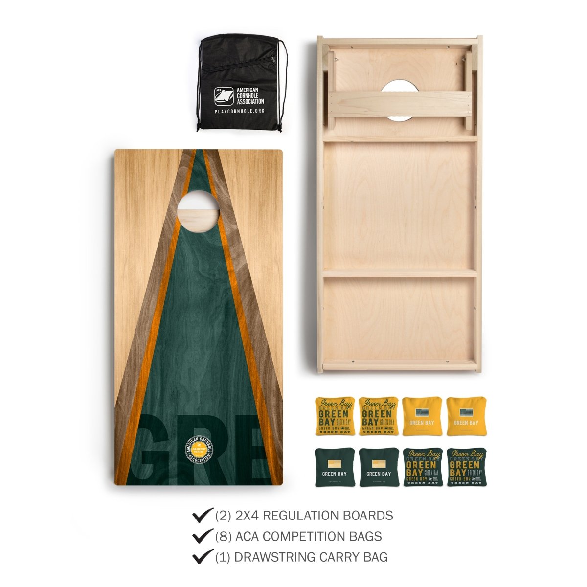 Green Bay Tailgate Series Cornhole Set with Pro Bags and drawstring carry bag.