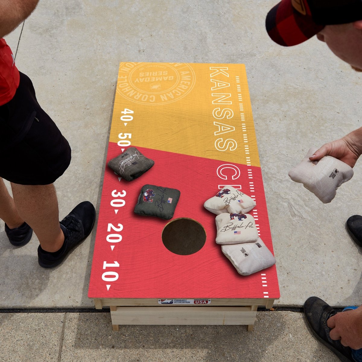 Premium wooden cornhole board with game day stadium graphics.