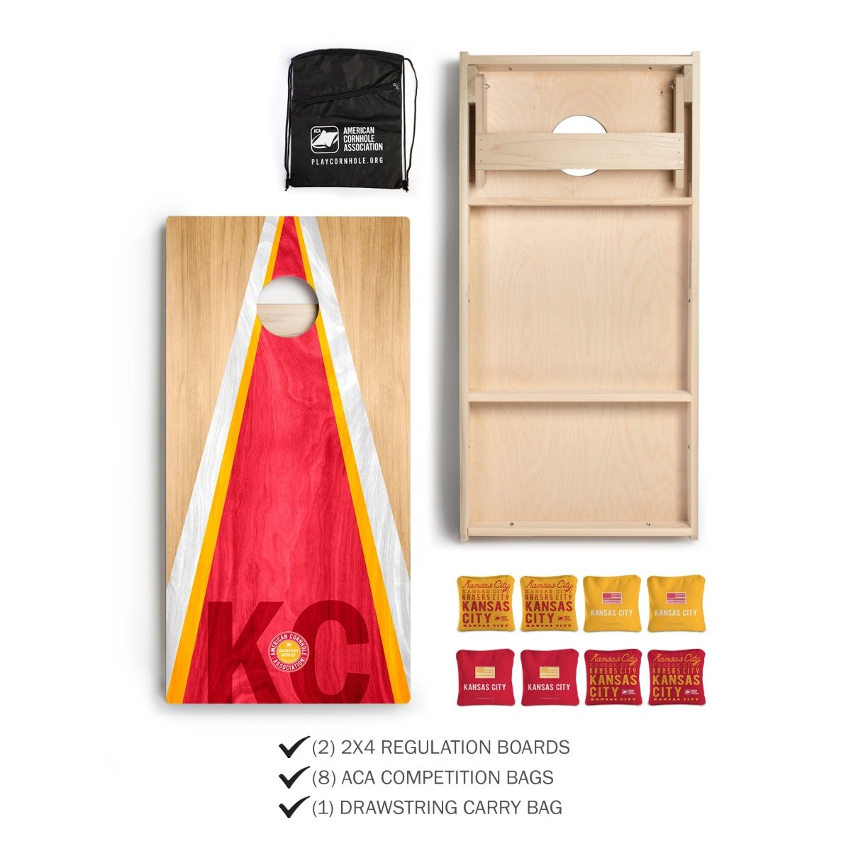 Kansas City Tailgate Series Cornhole Set with Pro Bags and drawstring carry bag.
