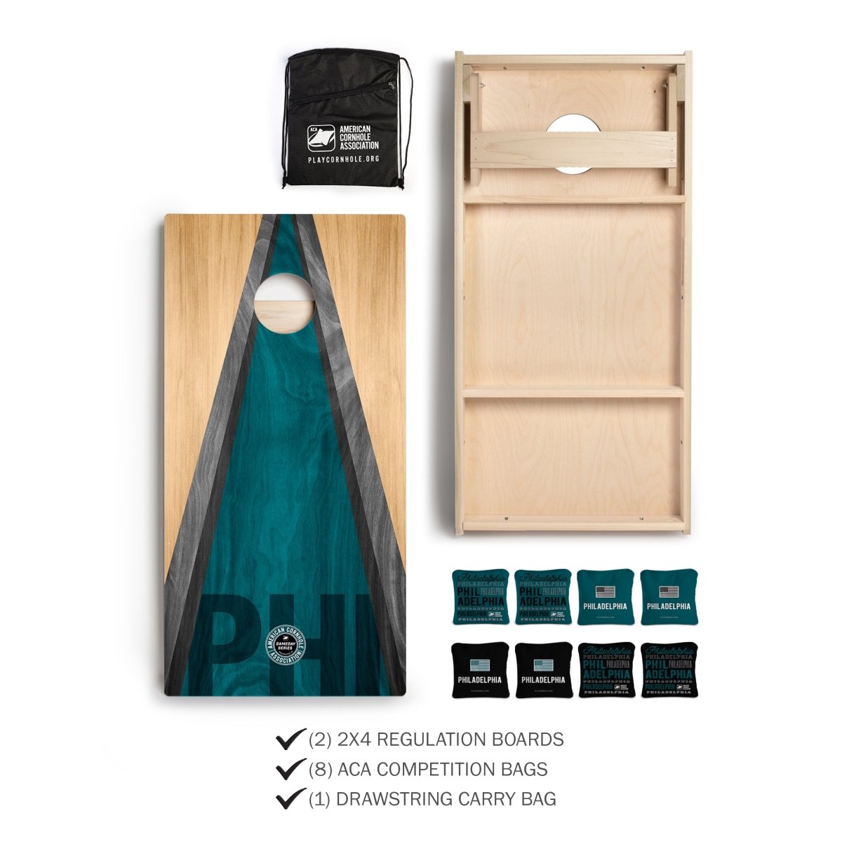 Philadelphia Tailgate Series Cornhole Set with Pro Bags and drawstring carry bag.