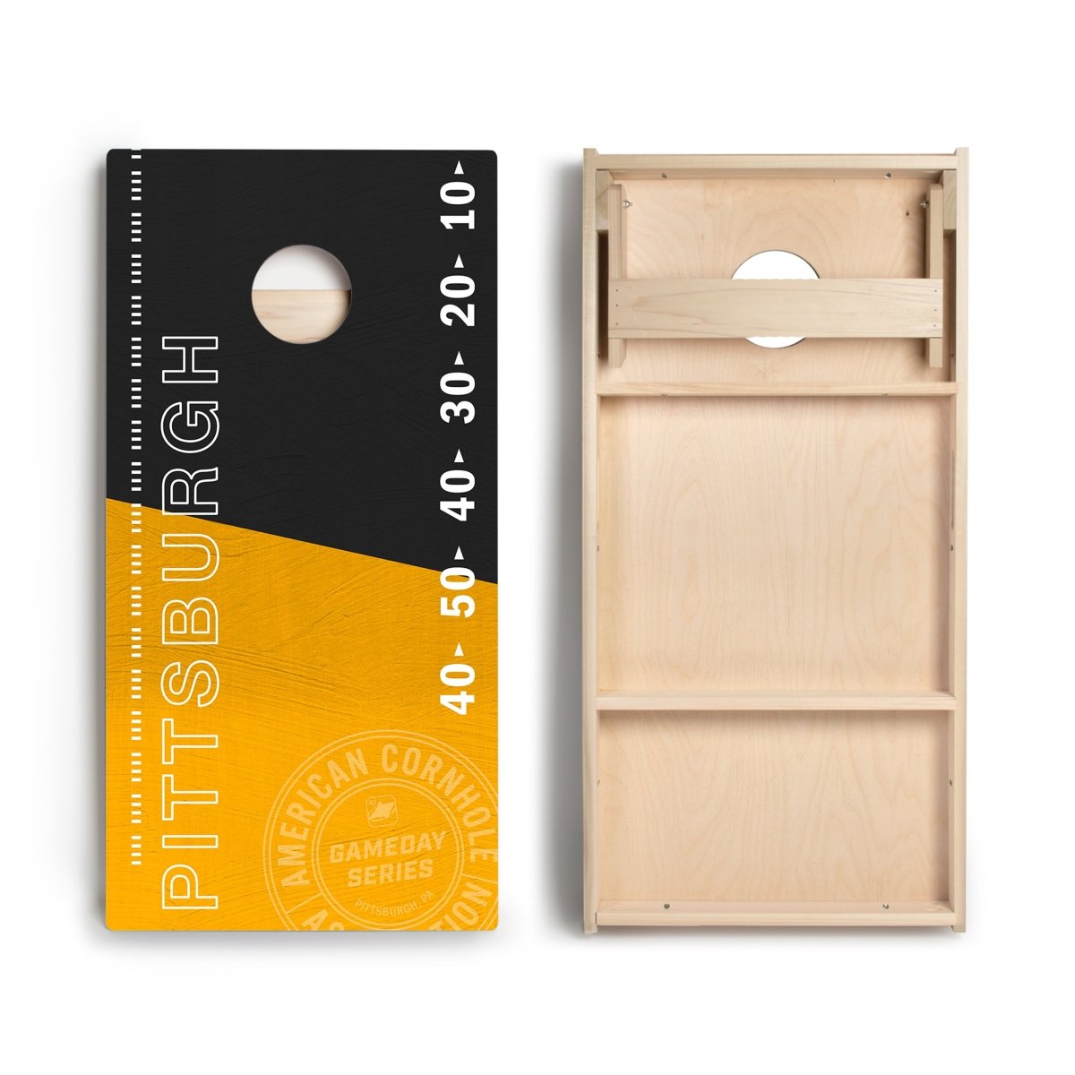 Front and back view of Pittsburgh Football Gameday Stadium Star Cornhole Boards showing premium playing surface and bounce-reducing bracing.