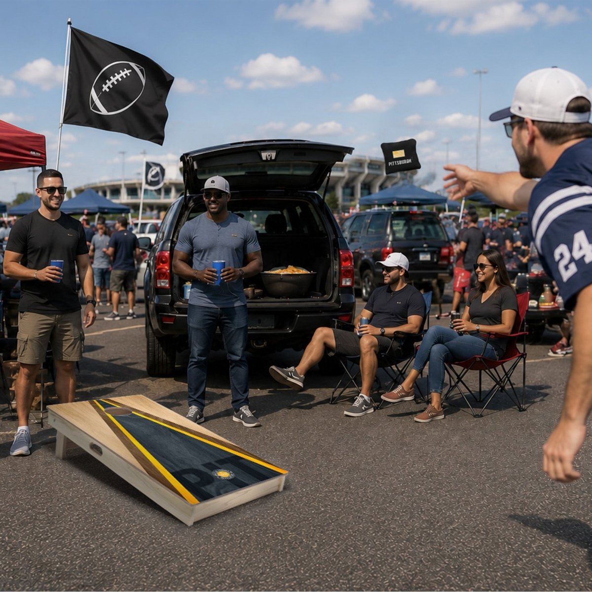 Complete football cornhole set with regulation boards, bags, and carry bag.