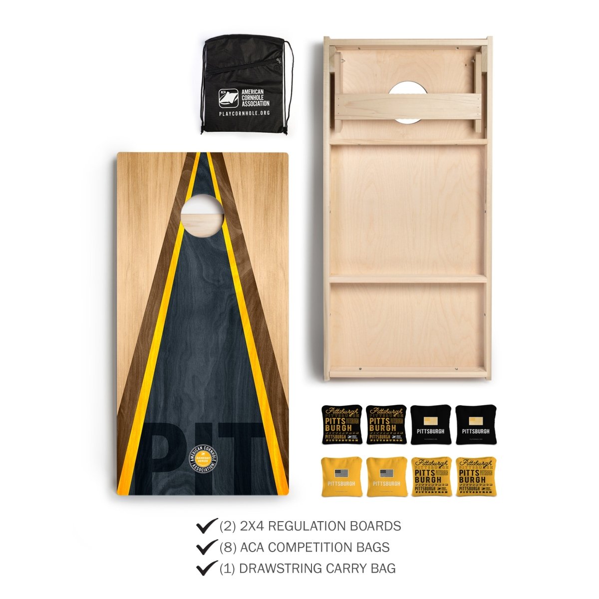 Pittsburgh Tailgate Series Cornhole Set with Pro Bags and drawstring carry bag.