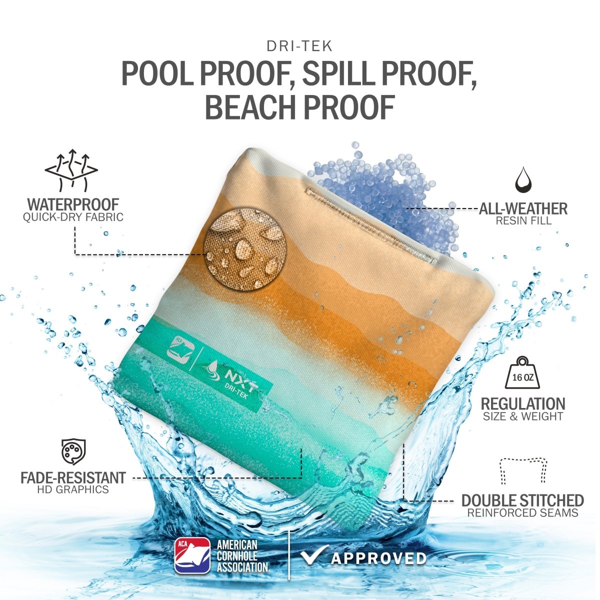 Rippling Stripes Orange Aqua NXT Dri - Tek Cornhole Bags, - American Cornhole Association
