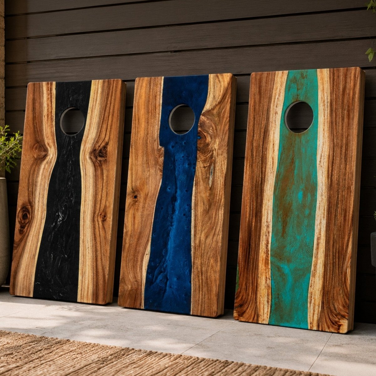Studio Series Live Edge Resin 2x4 Cornhole Boards | River Collection - Black EGCH24RLE-11 | American Cornhole Association