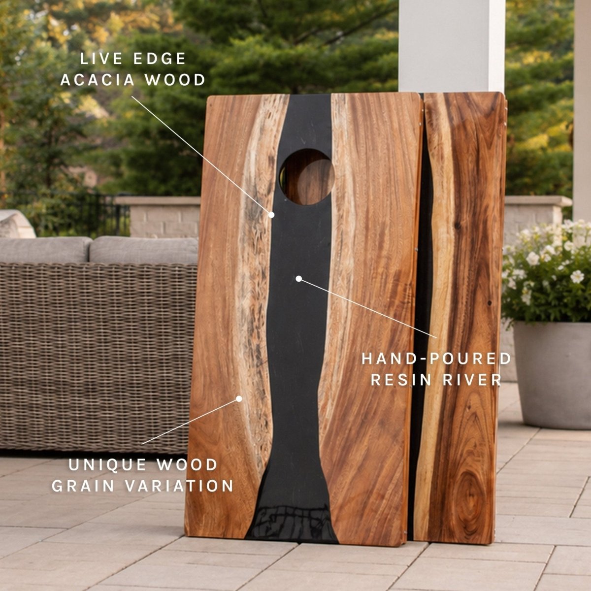 Studio Series Live Edge Resin 2x4 Cornhole Boards | River Collection - Black EGCH24RLE-11 | American Cornhole Association