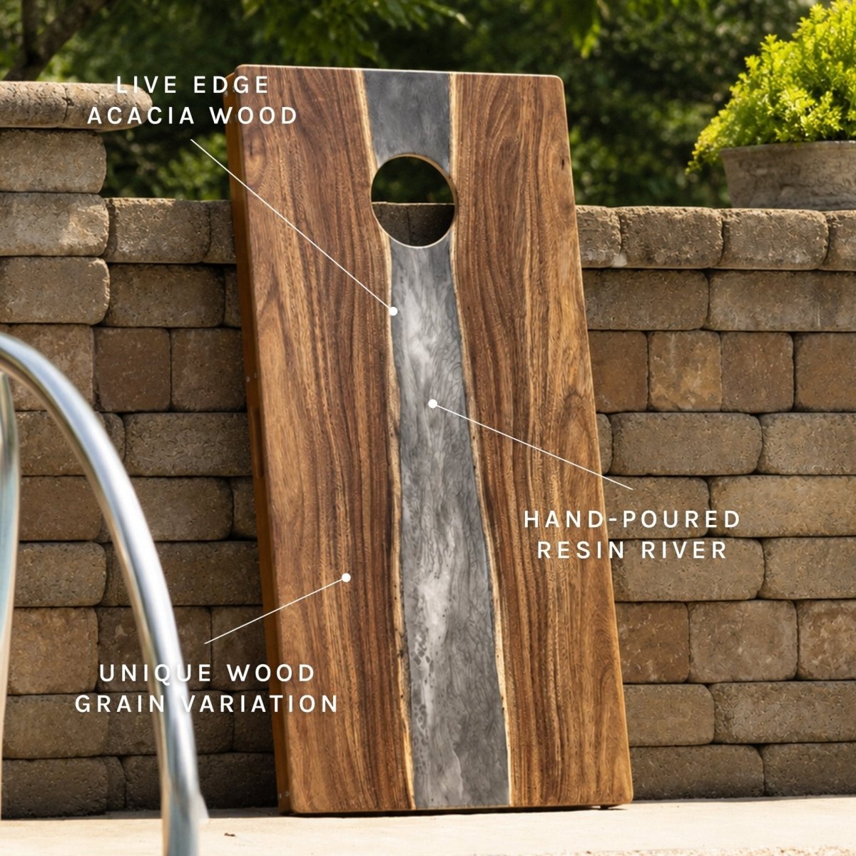 Studio Series Live Edge Resin 2x4 Cornhole Boards | River Collection - Gray Stone EGCH24RLE-10 | American Cornhole Association