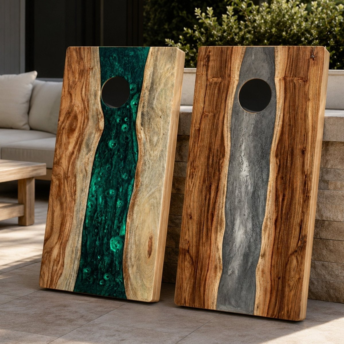 Studio Series Live Edge Resin 2x4 Cornhole Boards | River Collection - Gray Stone EGCH24RLE-10 | American Cornhole Association
