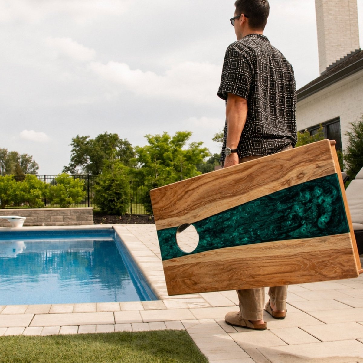 Studio Series Live Edge Resin 2x4 Cornhole Boards | River Collection - Green Pearl EGCH24RLE-01 | American Cornhole Association