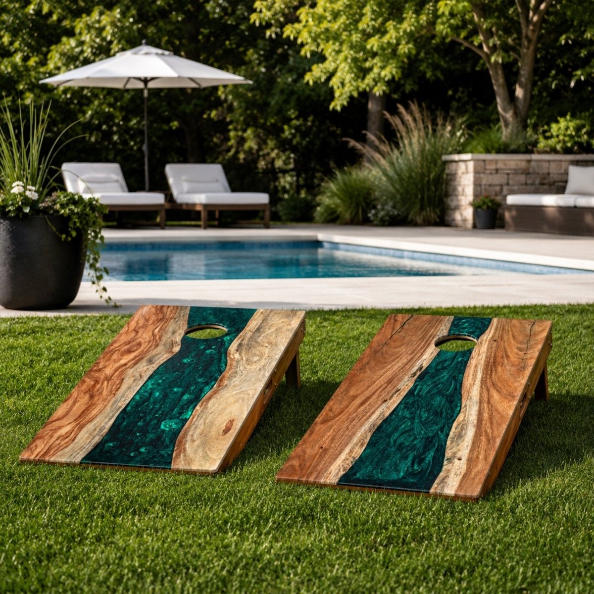 Studio Series Live Edge Resin 2x4 Cornhole Boards | River Collection - Green Pearl EGCH24RLE-01 | American Cornhole Association