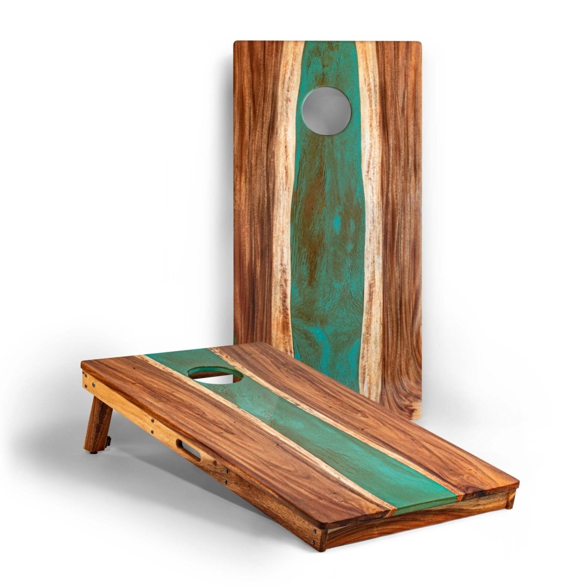 Studio Series Live Edge Resin 2x4 Cornhole Boards | River Collection - Teal and Orange EGCH24RLE-09 | American Cornhole Association