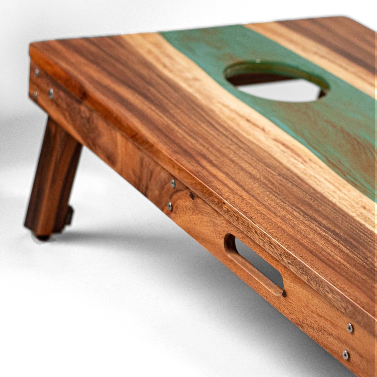 Studio Series Live Edge Resin 2x4 Cornhole Boards | River Collection - Teal and Orange EGCH24RLE-09 | American Cornhole Association