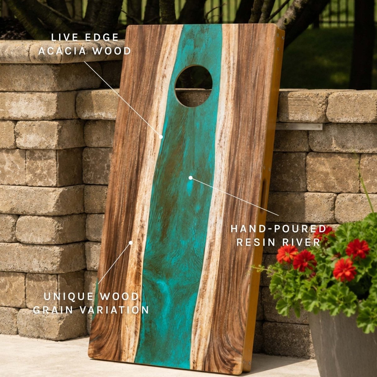 Studio Series Live Edge Resin 2x4 Cornhole Boards | River Collection - Teal and Orange EGCH24RLE-09 | American Cornhole Association