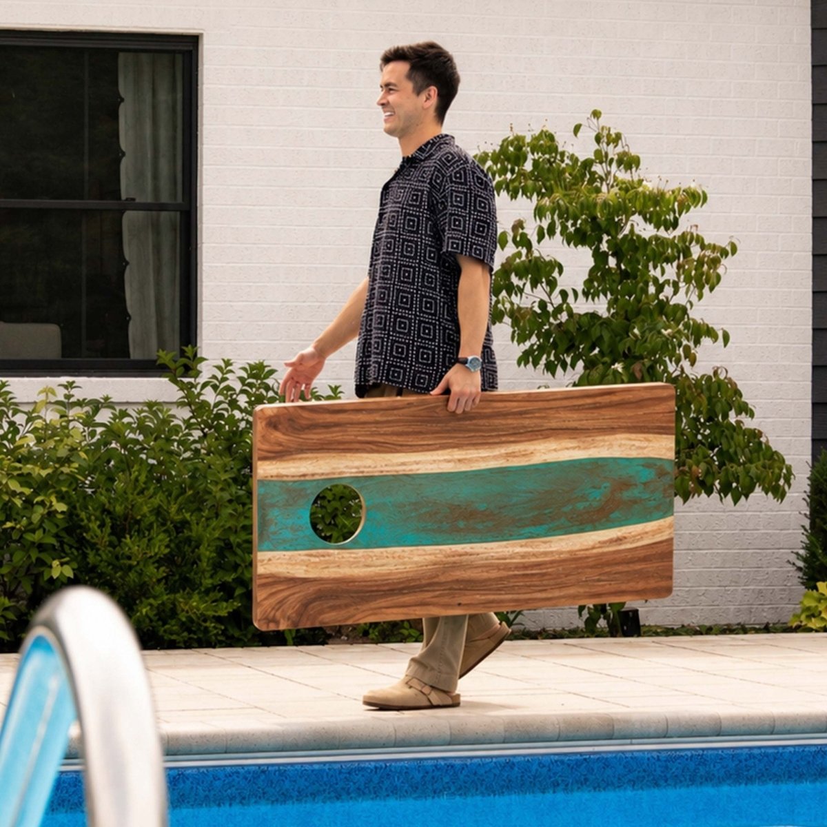 Studio Series Live Edge Resin 2x4 Cornhole Boards | River Collection - Teal and Orange EGCH24RLE-09 | American Cornhole Association